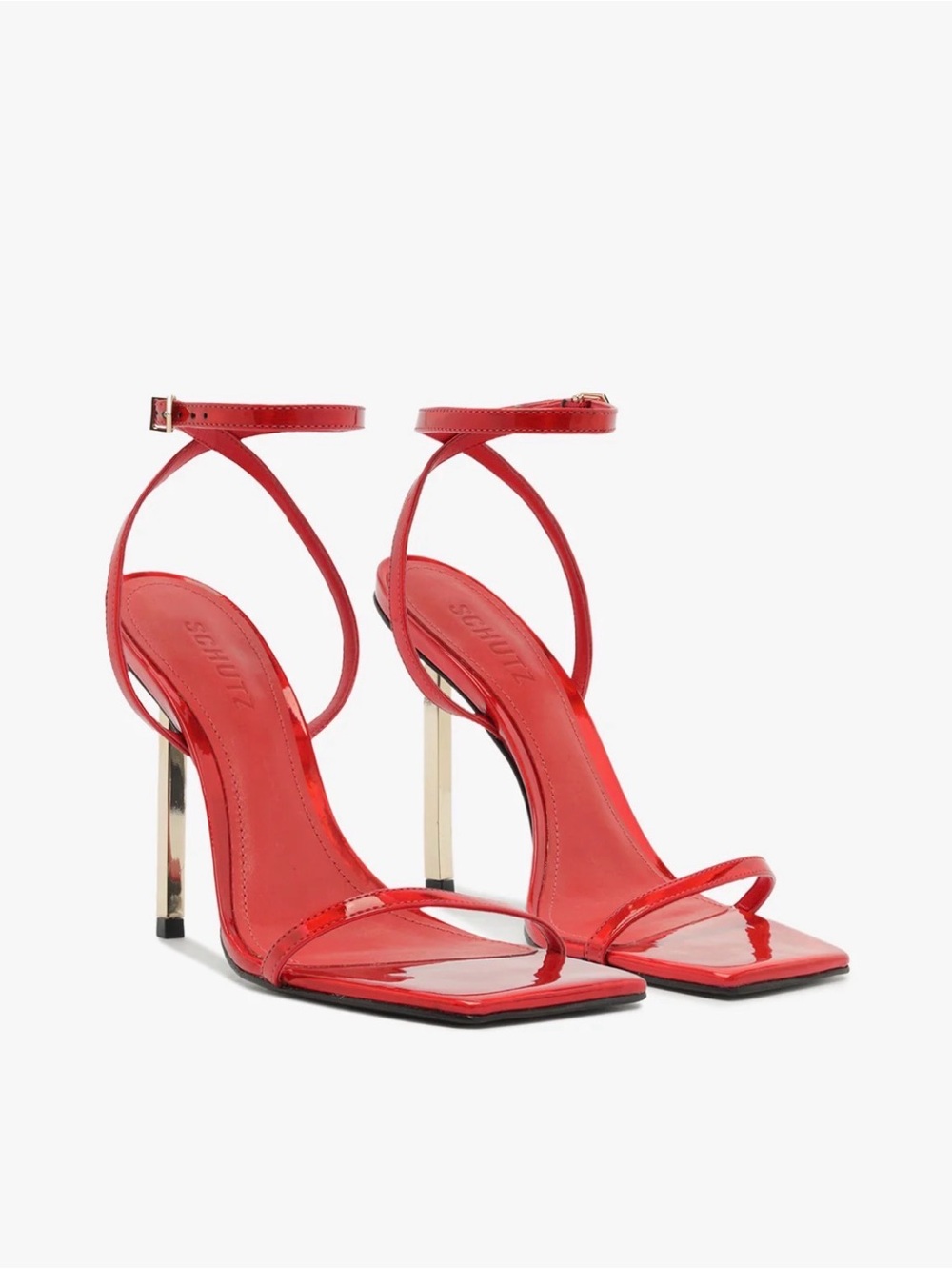SCHUTZ Red Satin Square-Toe Strappy Stiletto Heels - SAM SANDAL 7.5